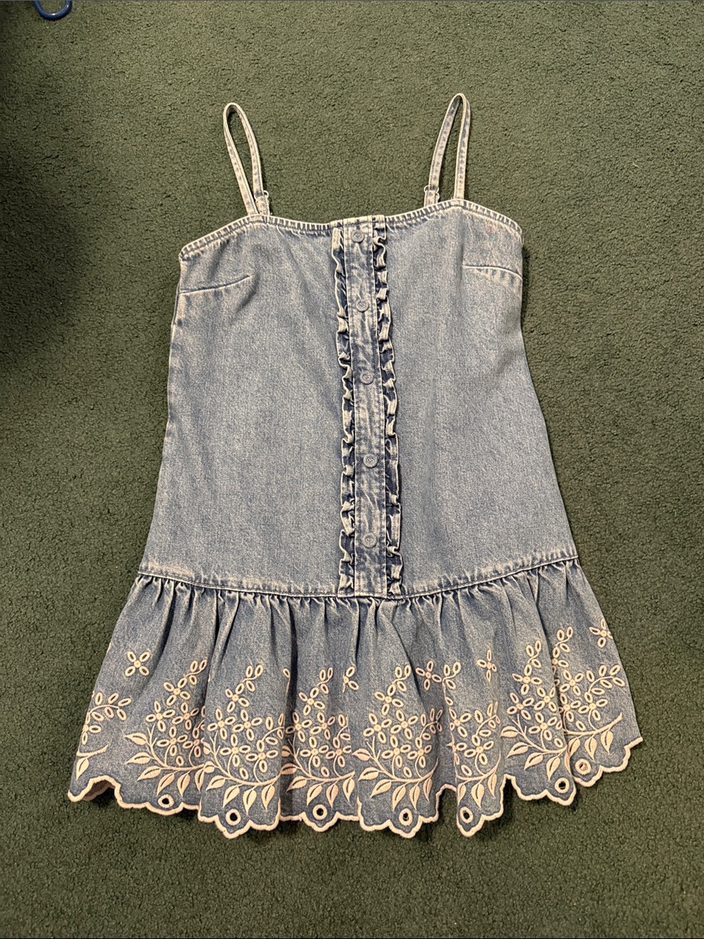 Light Wash Denim Eyelet Ruffle Sundress - Casual Spaghetti Strap